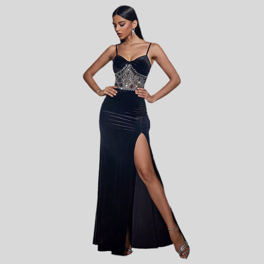 Sequin Embroidered Velvet Evening Dress